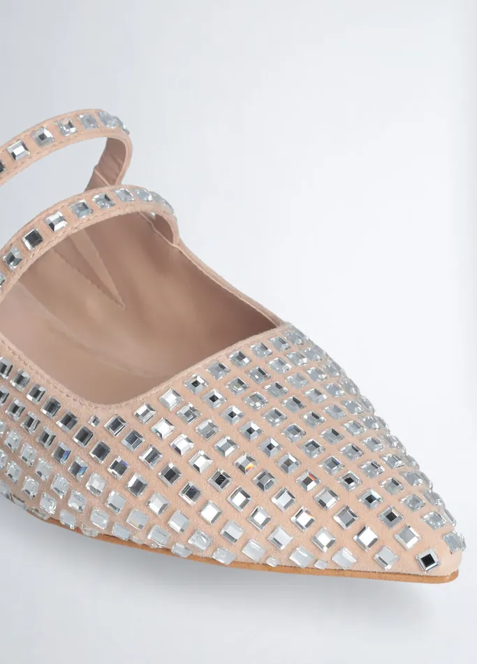 Women Liujo Flat Shoes Full Rhinestone Mules Nude
