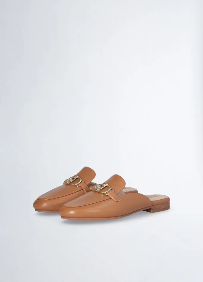 Women Liujo Flat Shoes Leather Slippers With Logo Brown