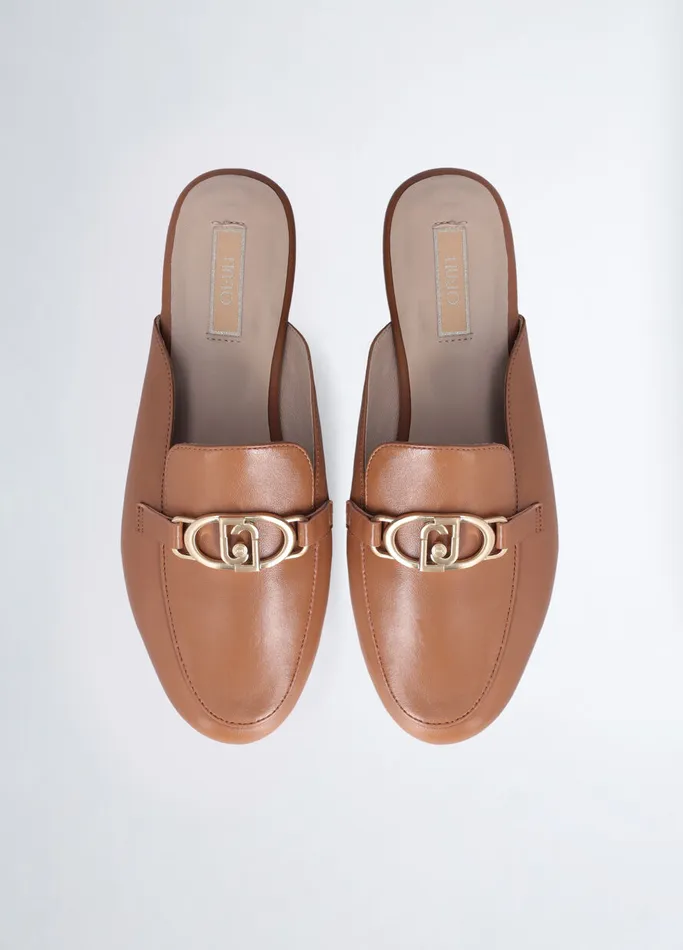Women Liujo Flat Shoes Leather Slippers With Logo Brown