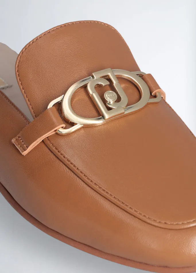 Women Liujo Flat Shoes Leather Slippers With Logo Brown