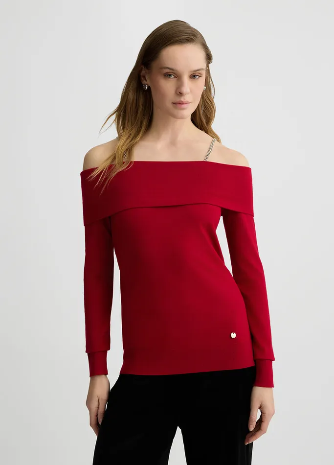 Women Liujo Jumpers and Cardigans OffTheShoulder Jumper With Bejewelled Gemstones Cherry