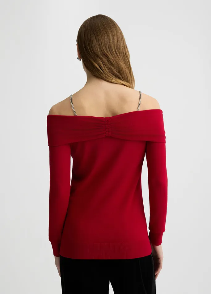Women Liujo Jumpers and Cardigans OffTheShoulder Jumper With Bejewelled Gemstones Cherry Women Liujo Jumpers and Cardigans OffTheShoulder Jumper With Bejewelled Gemstones Cherry