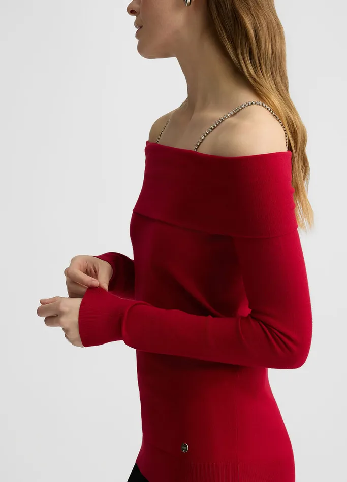 Women Liujo Jumpers and Cardigans OffTheShoulder Jumper With Bejewelled Gemstones Cherry Women Liujo Jumpers and Cardigans OffTheShoulder Jumper With Bejewelled Gemstones Cherry