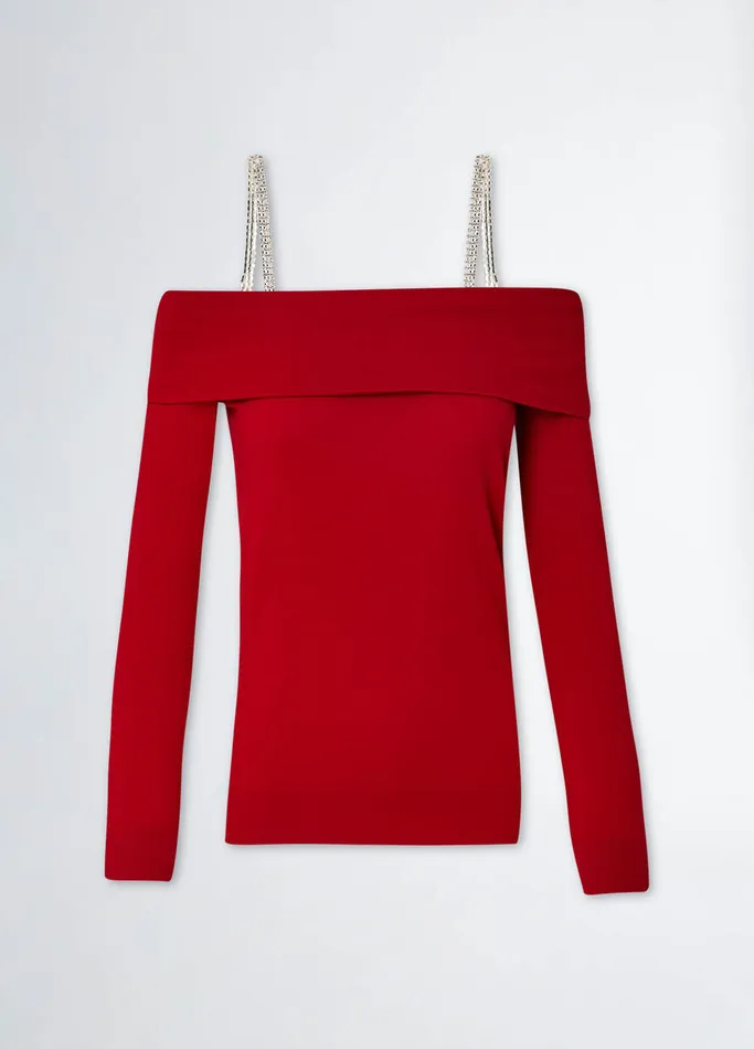 Women Liujo Jumpers and Cardigans OffTheShoulder Jumper With Bejewelled Gemstones Cherry Women Liujo Jumpers and Cardigans OffTheShoulder Jumper With Bejewelled Gemstones Cherry