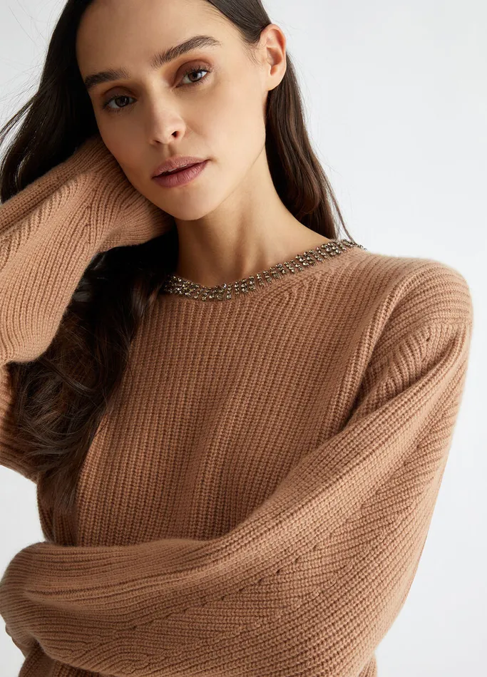 Women Liujo Jumpers and Cardigans Wool Sweater With Gemstones Camel