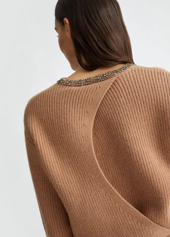 Women Liujo Jumpers and Cardigans Wool Sweater With Gemstones Camel
