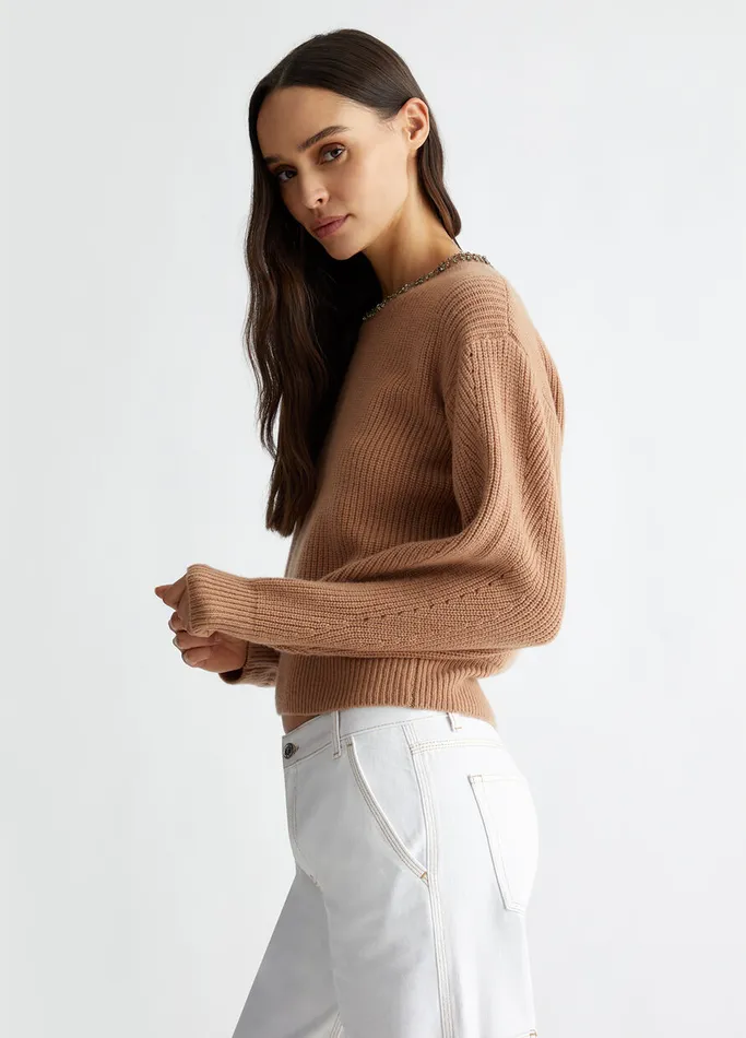 Women Liujo Jumpers and Cardigans Wool Sweater With Gemstones Camel