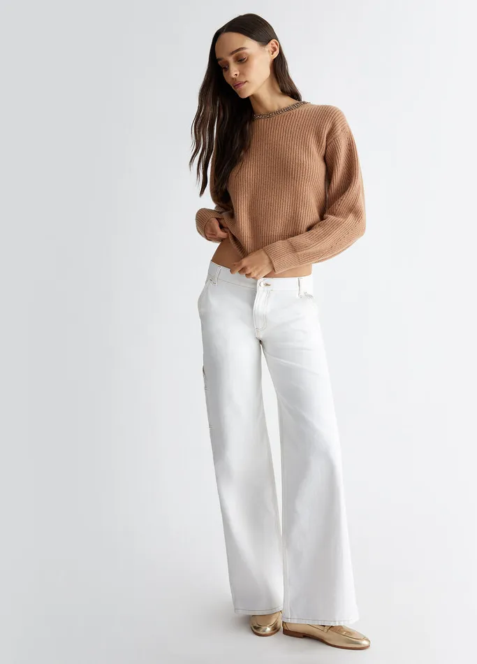 Women Liujo Jumpers and Cardigans Wool Sweater With Gemstones Camel