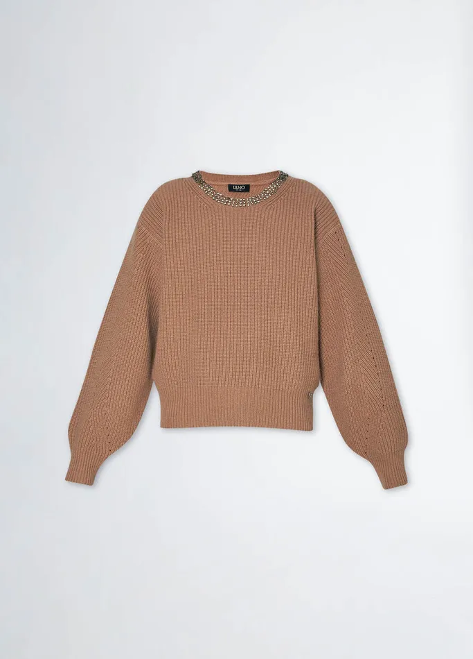 Women Liujo Jumpers and Cardigans Wool Sweater With Gemstones Camel