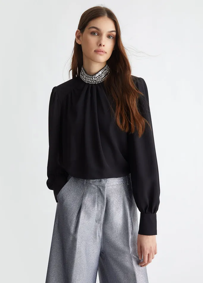 Women Liujo Shirts and Blouses Georgette Blouse With Rhinestones Black