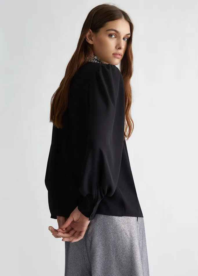 Women Liujo Shirts and Blouses Georgette Blouse With Rhinestones Black