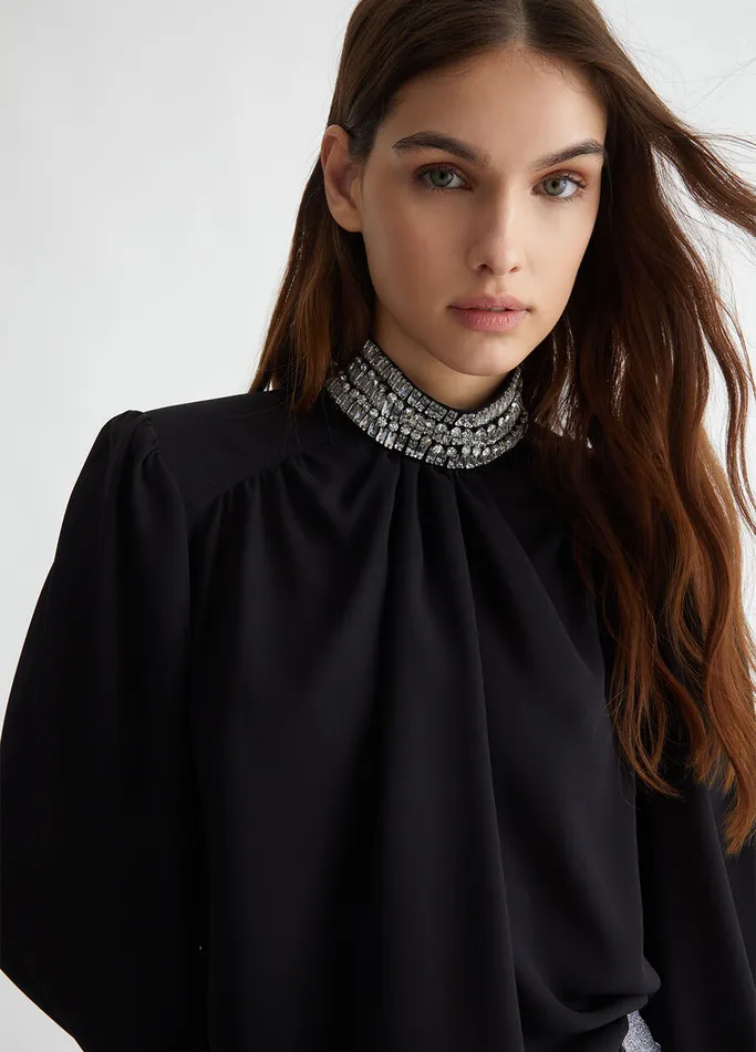 Women Liujo Shirts and Blouses Georgette Blouse With Rhinestones Black