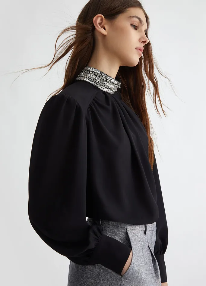 Women Liujo Shirts and Blouses Georgette Blouse With Rhinestones Black