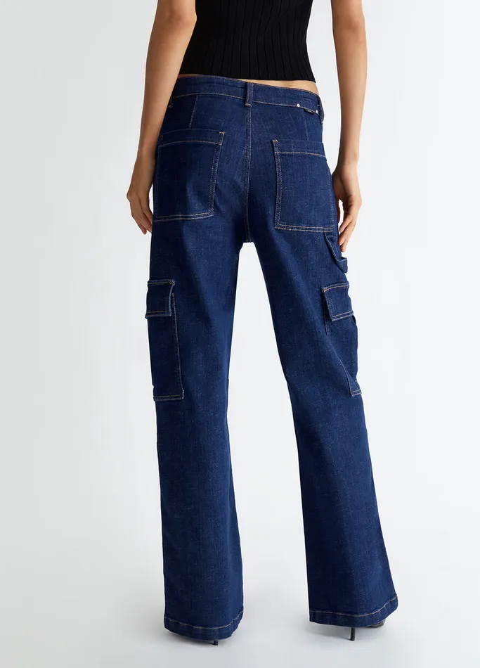 Women Liujo Straight Leg Jeans Cargo Jeans Blue Denim