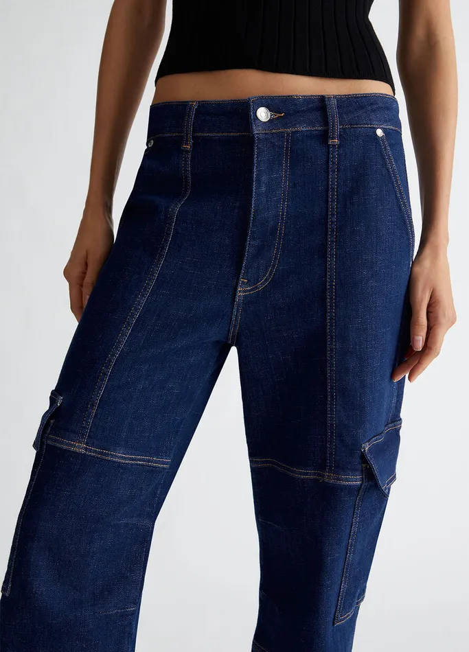 Women Liujo Straight Leg Jeans Cargo Jeans Blue Denim