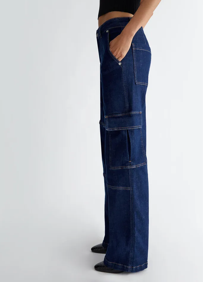 Women Liujo Straight Leg Jeans Cargo Jeans Blue Denim