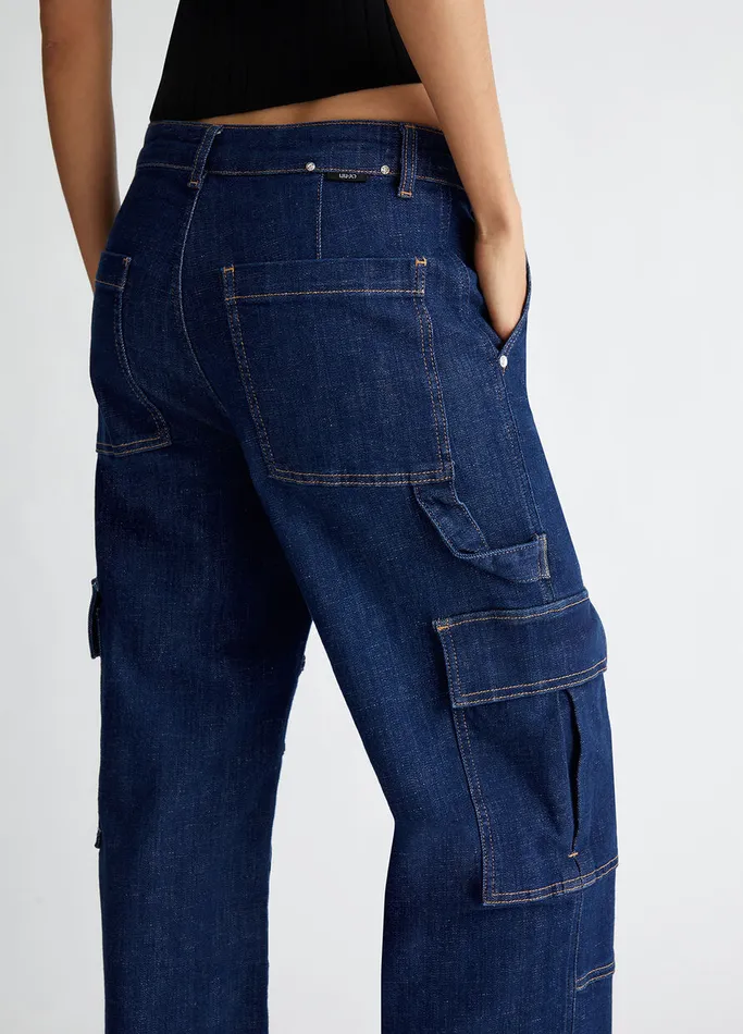 Women Liujo Straight Leg Jeans Cargo Jeans Blue Denim