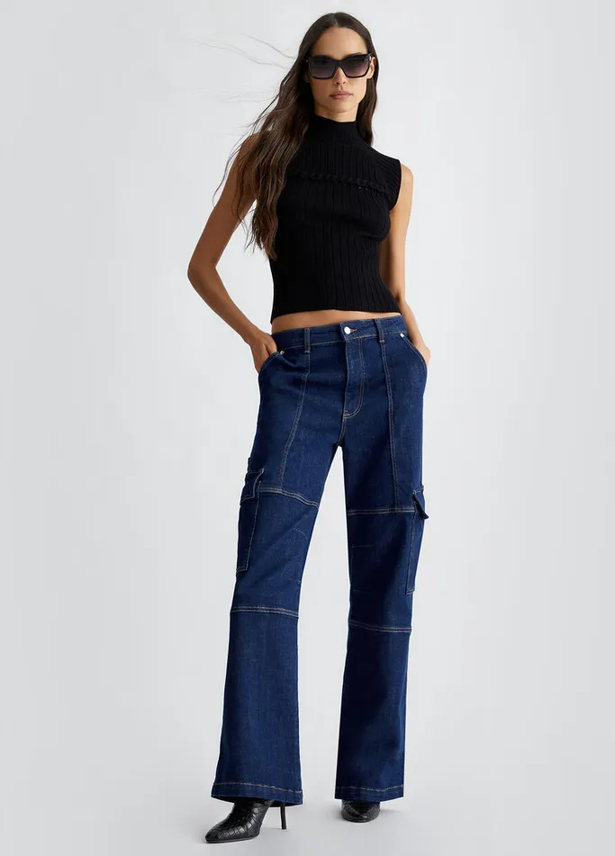 Women Liujo Straight Leg Jeans Cargo Jeans Blue Denim