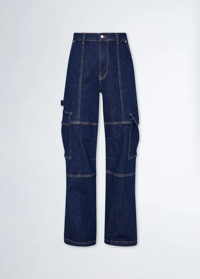 Women Liujo Straight Leg Jeans Cargo Jeans Blue Denim