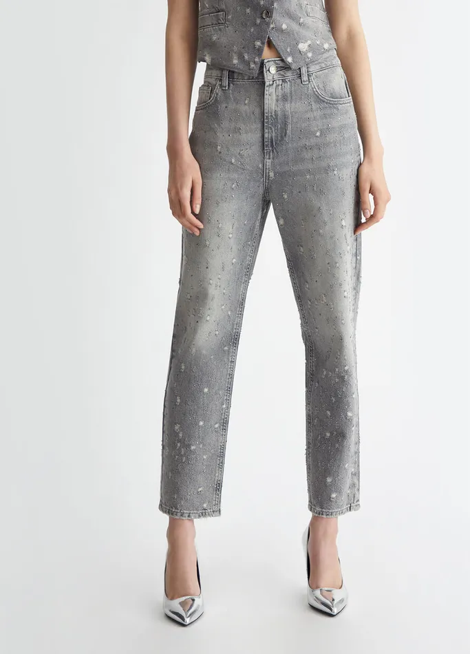 Women Liujo Straight Leg Jeans StraightLeg Jeans With Rhinestones Grey Denim