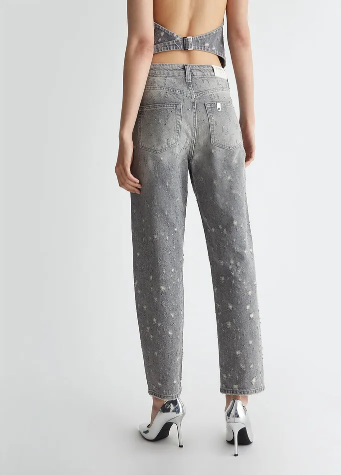 Women Liujo Straight Leg Jeans StraightLeg Jeans With Rhinestones Grey Denim