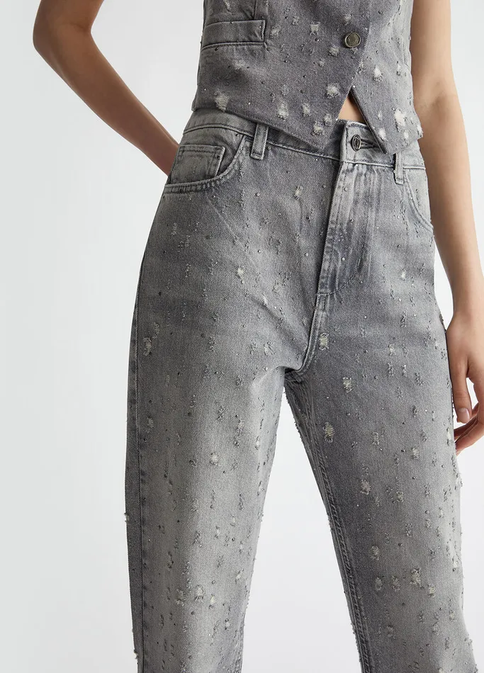 Women Liujo Straight Leg Jeans StraightLeg Jeans With Rhinestones Grey Denim