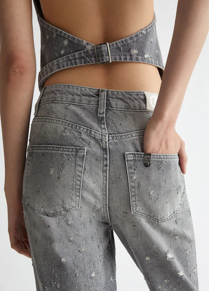 Women Liujo Straight Leg Jeans StraightLeg Jeans With Rhinestones Grey Denim