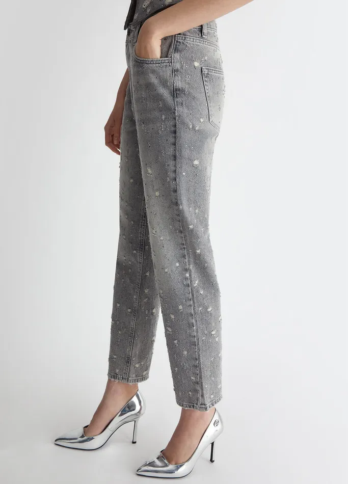 Women Liujo Straight Leg Jeans StraightLeg Jeans With Rhinestones Grey Denim
