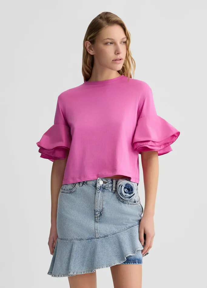 Women Liujo Tops And TShirts Peony Pink TShirt With Flounced Detailing