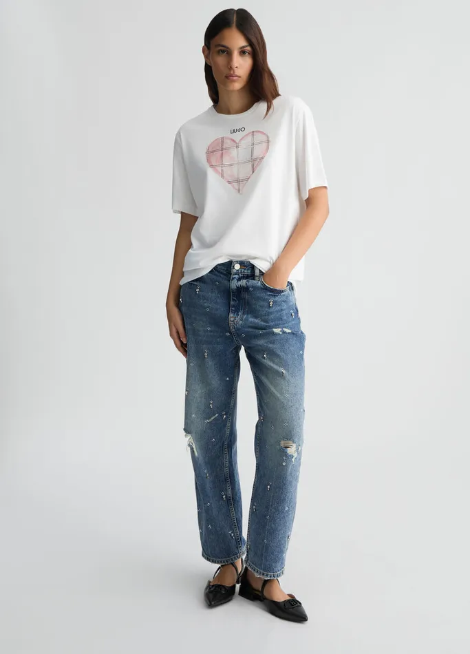 Women Liujo Tops And TShirts TShirt With Heart And Gemstones Pink Heart