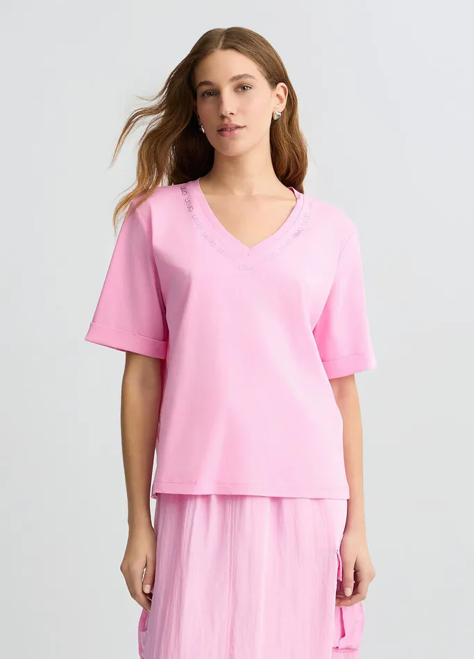Women Liujo Tops And TShirts TShirt With Logo And Gemstones Pink