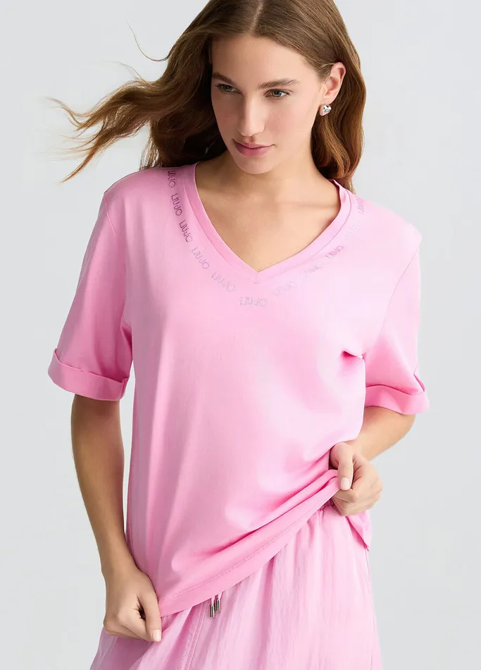 Women Liujo Tops And TShirts TShirt With Logo And Gemstones Pink