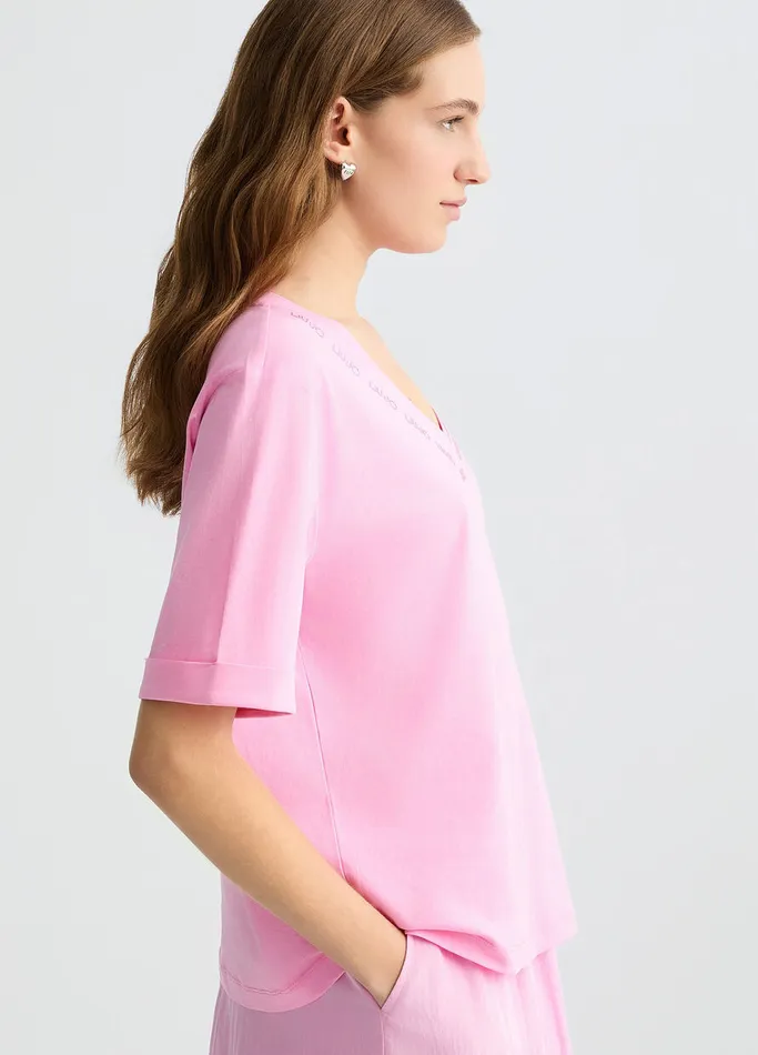 Women Liujo Tops And TShirts TShirt With Logo And Gemstones Pink