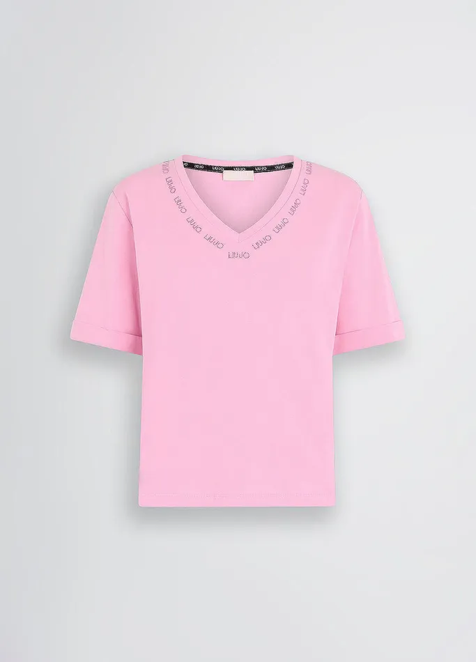 Women Liujo Tops And TShirts TShirt With Logo And Gemstones Pink
