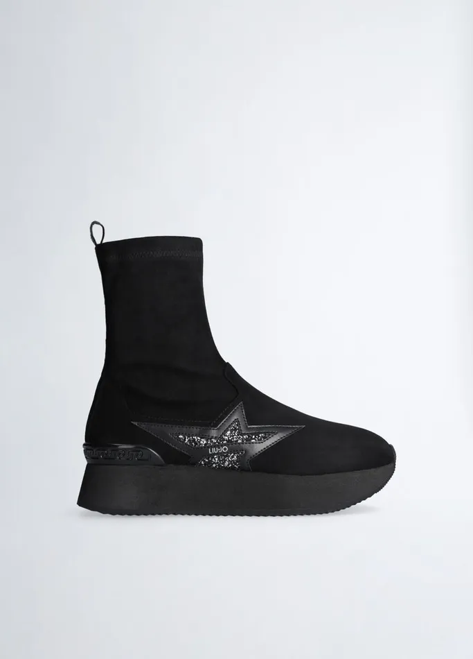 Women Liujo Trainers Black Ankle Boots With Glittery Star