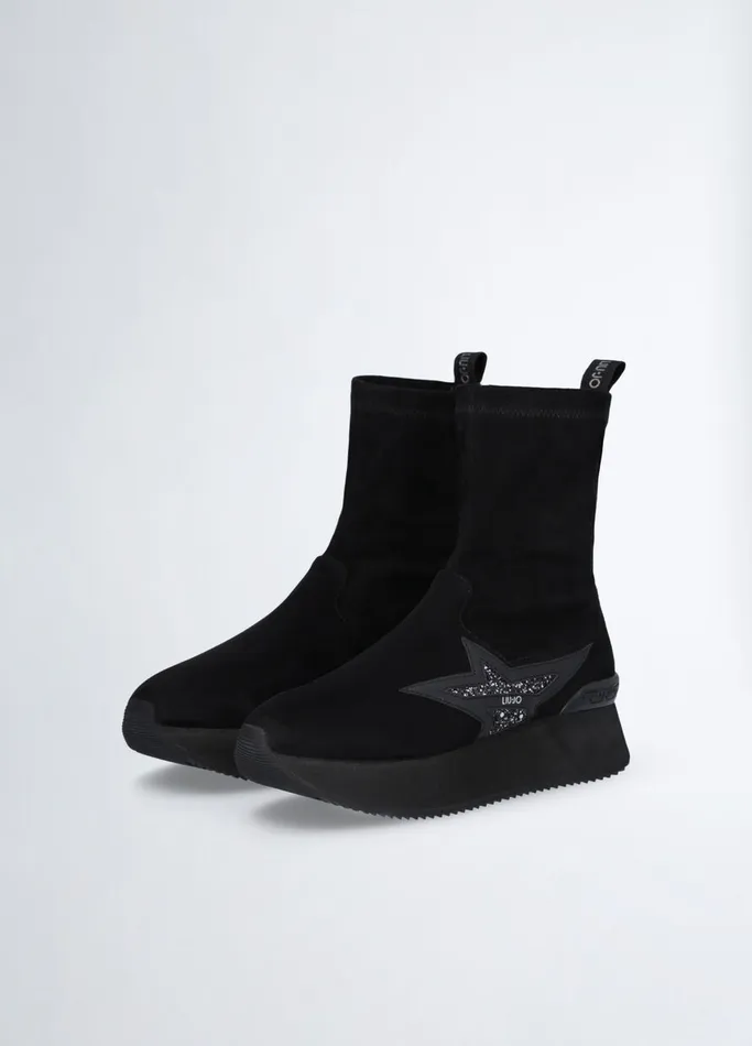 Women Liujo Trainers Black Ankle Boots With Glittery Star