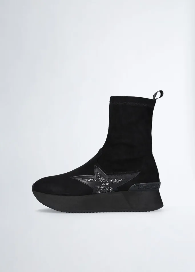 Women Liujo Trainers Black Ankle Boots With Glittery Star
