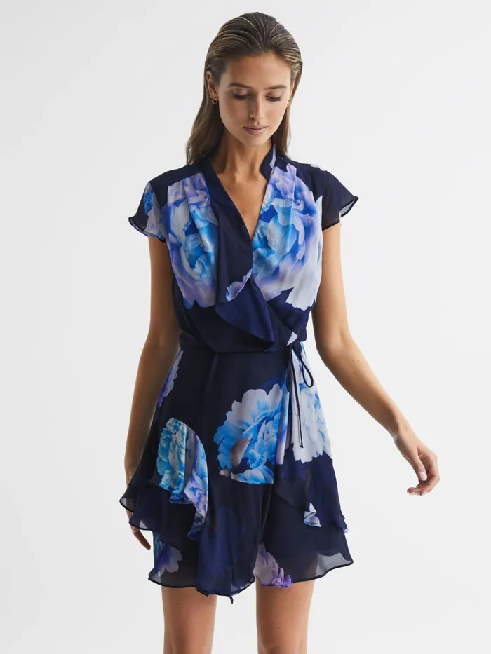 Women Macey Floral Print Wrap Dress Blackblue Reiss Dresses