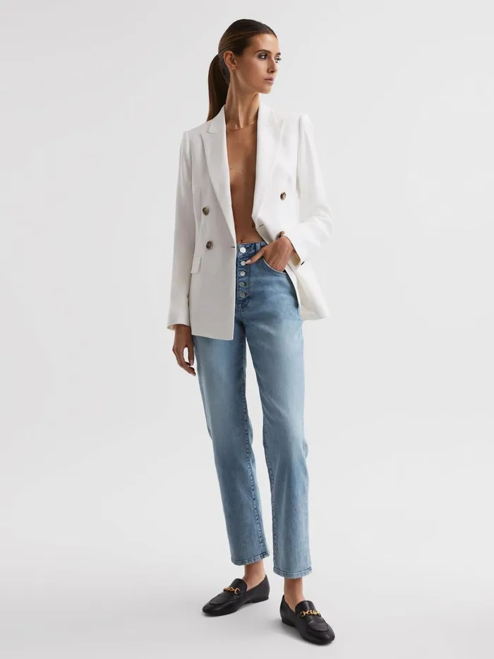 Women Maisie Cropped Mid Rise Straight Leg Jeans Light Blue Reiss Jeans