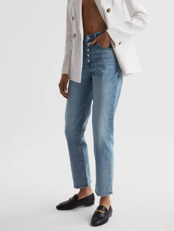 Women Maisie Cropped Mid Rise Straight Leg Jeans Light Blue Reiss Jeans