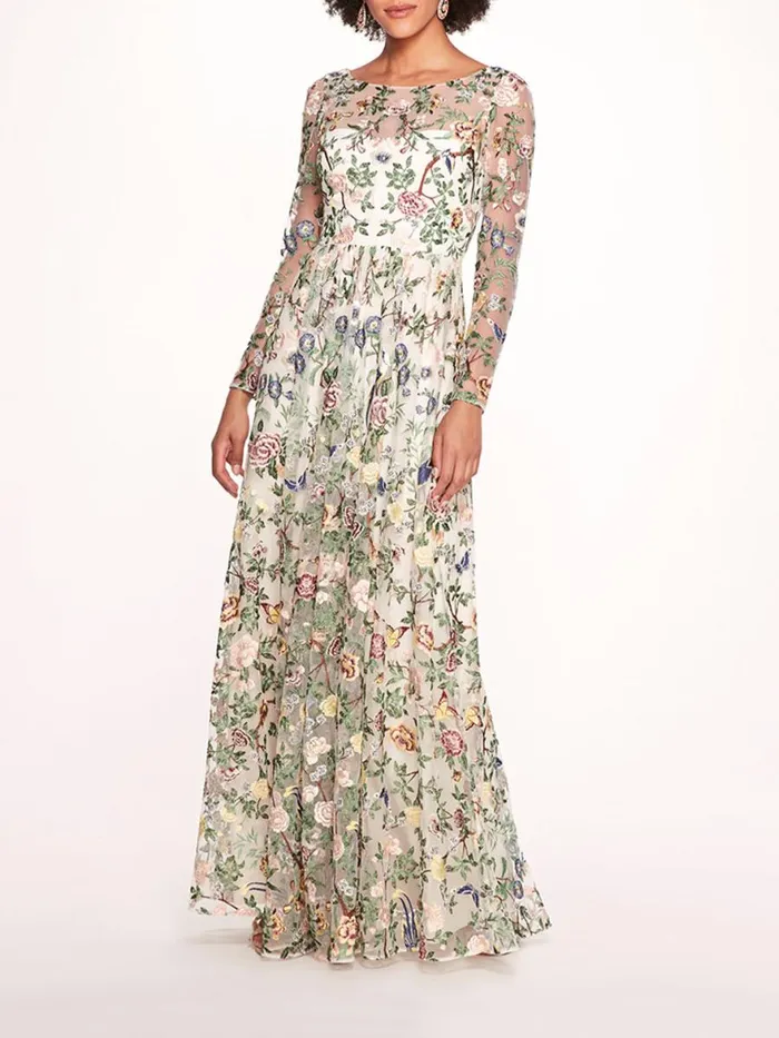 Women Marchesa Notte Marchesa Botanical Embroidered Gown Ivory Multi