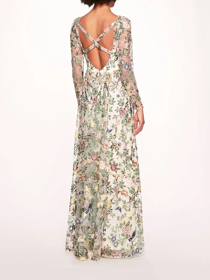 Women Marchesa Notte Marchesa Botanical Embroidered Gown Ivory Multi