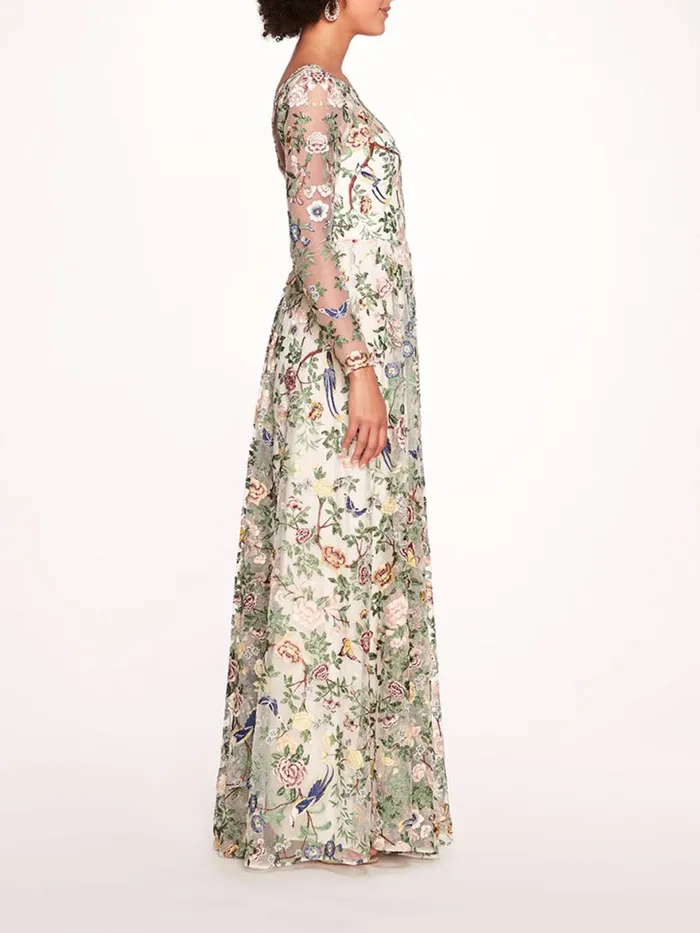 Women Marchesa Notte Marchesa Botanical Embroidered Gown Ivory Multi