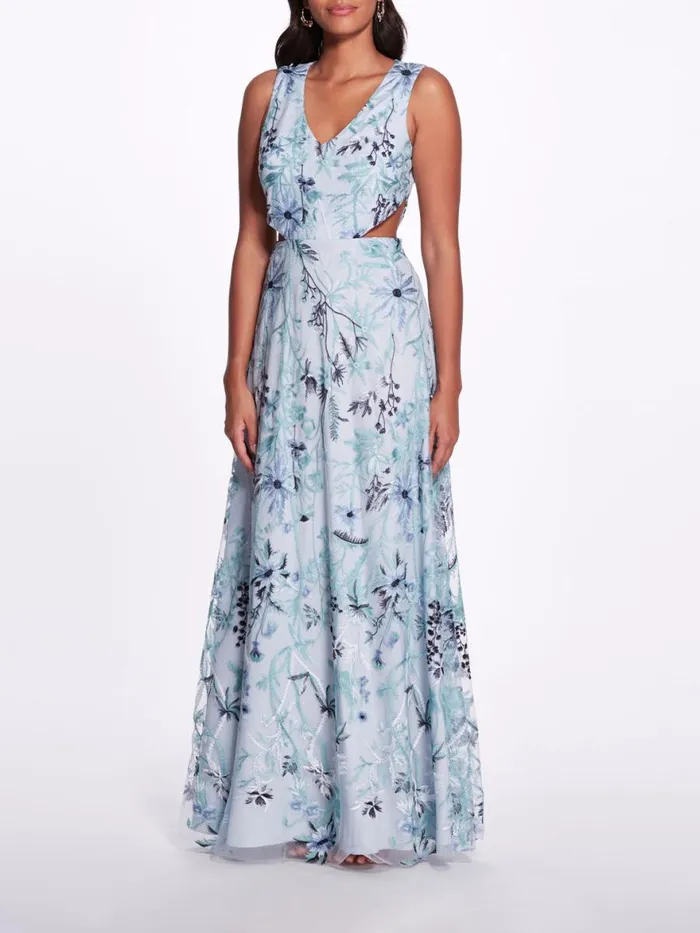 Women Marchesa Notte Marchesa Keyhole Back Floral Gown Slate Blue