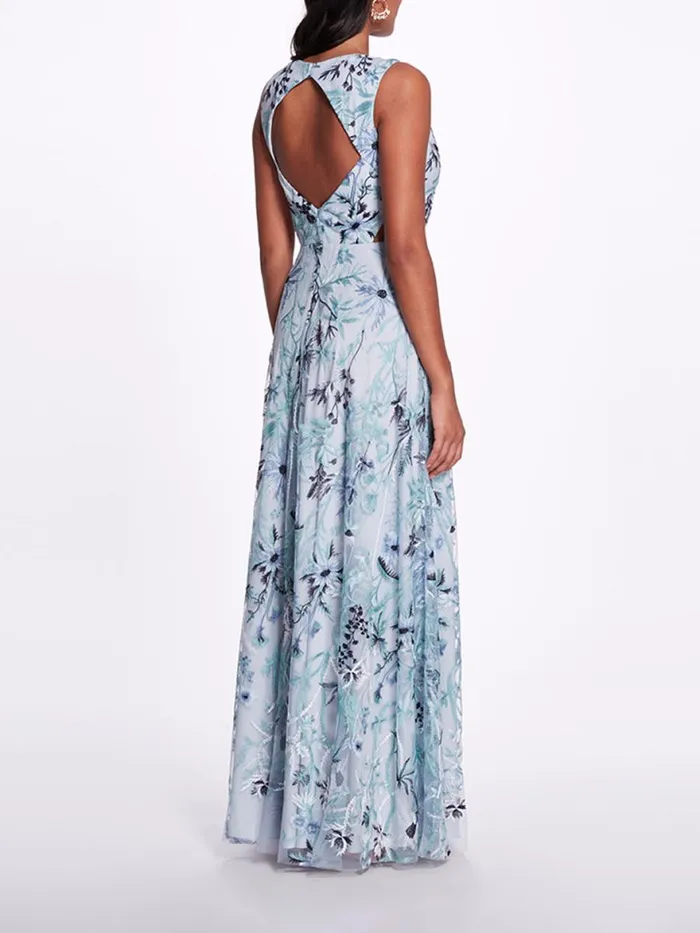 Women Marchesa Notte Marchesa Keyhole Back Floral Gown Slate Blue