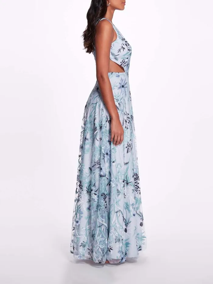Women Marchesa Notte Marchesa Keyhole Back Floral Gown Slate Blue