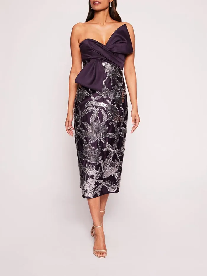 Women Marchesa Notte Marchesa Lotus Sequin Midi Dress Aubergine Gunmetal