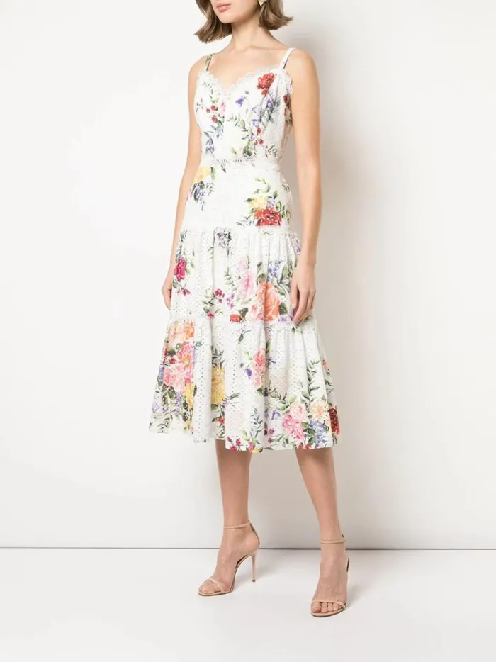 Women Marchesa Notte Marchesa Printed Sleeveless Eyelet Midi Ivory Multi