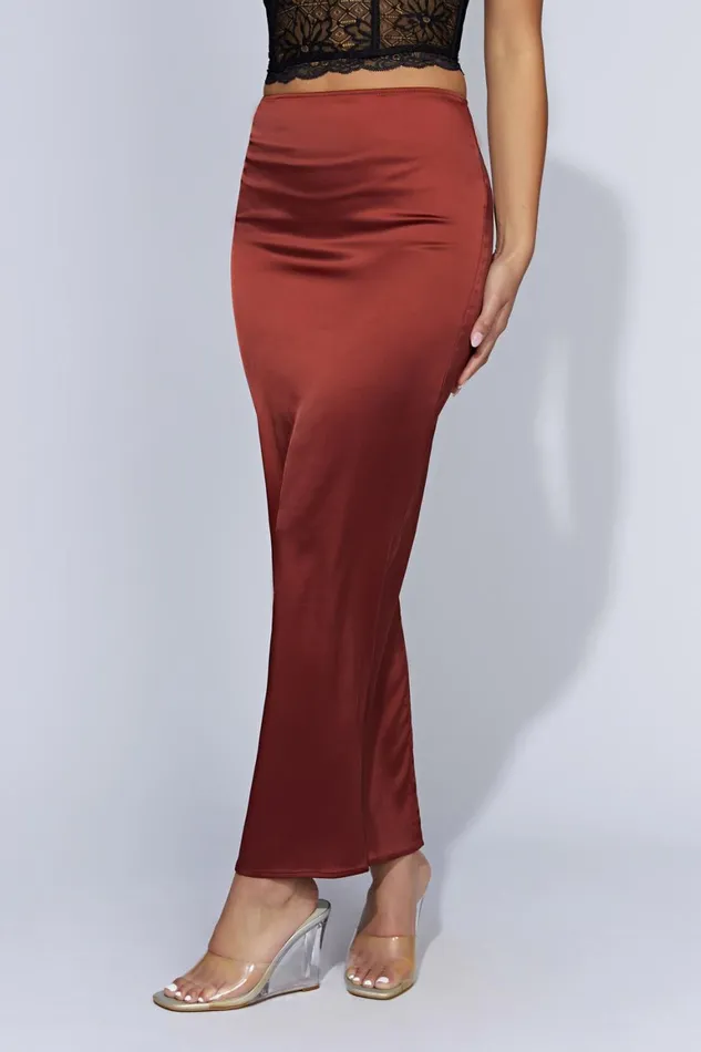 Women Mariah Maxi Satin Skirt 8211 Cherry Chocolate Cherry Chocolate Meshki Skirts