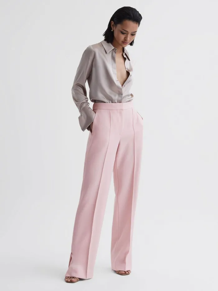 Women Marina Wide Leg Split Hem Trousers Pink Reiss Trousers